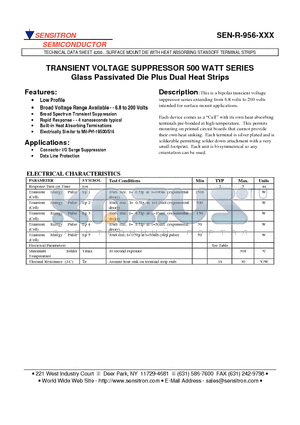 SEN-R-956-XXX datasheet - TRANSIENT VOLTAGE SUPPRESSOR 500 WATT SERIES Glass Passivated Die Plus Dual Heat Strips