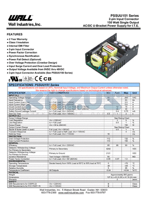 PSSUU151-104 datasheet - 2-pin Input Connector 150 Watt Single Output AC/DC U-Bracket Power Supply for I.T.E.
