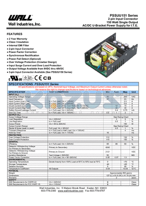 PSSUU151-105 datasheet - 2-pin Input Connector 150 Watt Single Output AC/DC U-Bracket Power Supply for I.T.E.