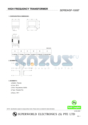 SEPB3HSF-10087 datasheet - HIGH FREQUENCY TRANSFORMER