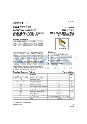 RHLG77110 datasheet - RADIATION HARDENED LOGIC LEVEL POWER MOSFET THRU-HOLE (MO-036AB