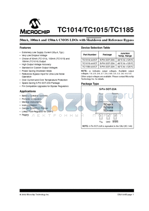 TC1014 datasheet - 50mA, 100mA and 150mA CMOS LDOs with Shutdown and Reference Bypass