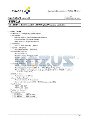 SEPS225F0A datasheet - 128 x 128 Dots, 262K Colors PM-OLED Display Driver and Controller