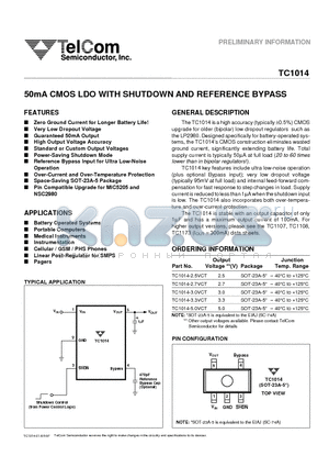 TC1014-3.3VCT datasheet - 50mA CMOS LDO WITH SHUTDOWN AND REFERENCE BYPASS