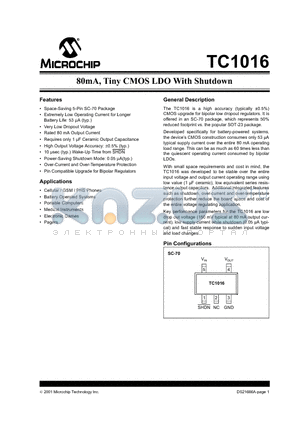 TC1016 datasheet - 80MA TINY CMOS LDO WITH SHUTDOWN