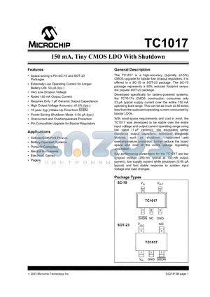 TC1017-2.85VCT datasheet - 150 mA, Tiny CMOS LDO With Shutdown
