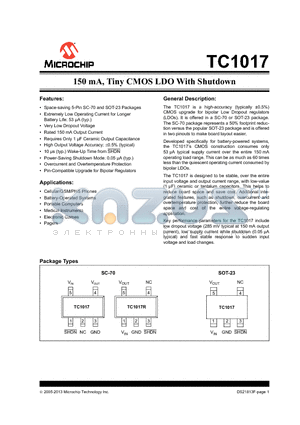 TC1017_13 datasheet - 150 mA, Tiny CMOS LDO With Shutdown
