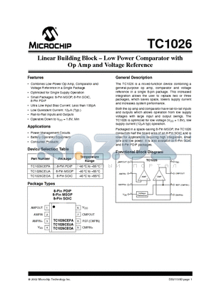 TC1026 datasheet - Linear Building Block - Low Power Comparator with Op Amp and Voltage Reference
