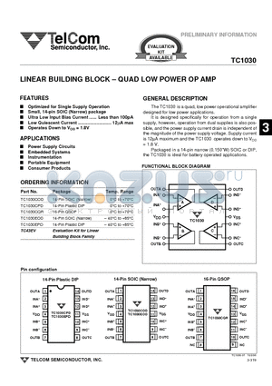 TC1030 datasheet - LINEAR BUILDING BLOCK - QUAD LOW POWER OP AMP