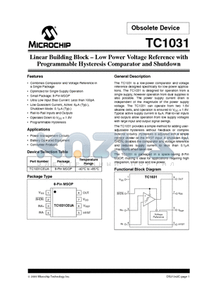 TC1031 datasheet - Linear Building Block - Low Power Voltage Reference with Programmable Hysteresis Comparator and Shutdown