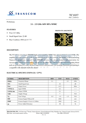 TC1037 datasheet - 3.1 - 3.5 GHz 16W HPA MMIC