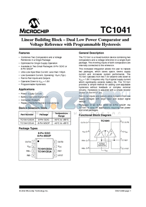 TC1041 datasheet - Linear Building Block . Dual Low Power Comparator and Voltage Reference with Programmable Hysteresis