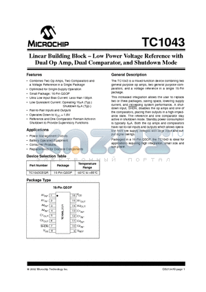 TC1043 datasheet - Linear Building Block . Low Power Voltage Reference with Dual Op Amp, Dual Comparator, and Shutdown Mode