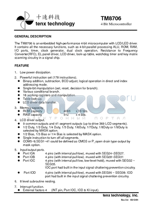 TM8706 datasheet - The TM8706 is an embedded high-performance 4-bit microcomputer with LCD LED driver