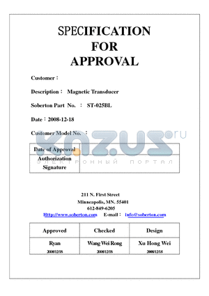 ST-025BL datasheet - Magnetic Transducer