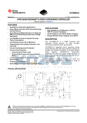 UCC28600TDRQ1 datasheet - 8-PIN QUASI-RESONANT FLYBACK GREEN-MODE CONTROLLER