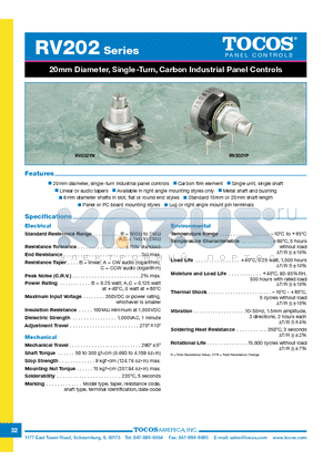 RV202YN15FC100K datasheet - 20mm Diameter, Single-Turn, Carbon Industrial Panel Controls