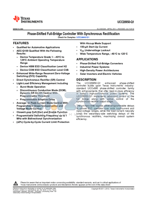 UCC28950-Q1 datasheet - Phase-Shifted Full-Bridge Controller With Synchronous Rectification