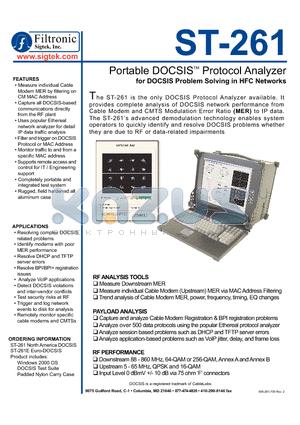 ST-261 datasheet - Portable DOCSIS Protocol Analyzer for DOCSIS Problem Solving in HFC Networks