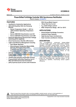 UCC28950QPWRQ1 datasheet - Phase-Shifted Full-Bridge Controller With Synchronous Rectification