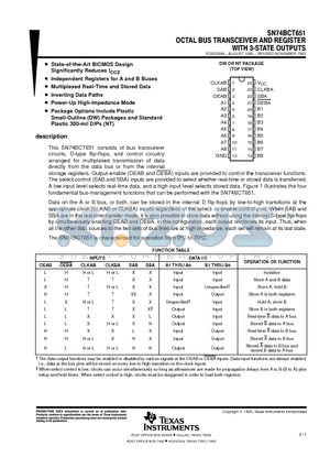 SN74BCT651DWR datasheet - OCTAL BUS TRANSCEIVER AND REGISTER WITH 3-STATE OUTPUTS