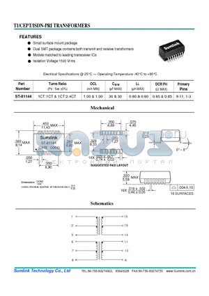 ST-81144 datasheet - T1/CEPT/ISDN PRI TRANSFORMERS