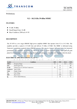 TC1076 datasheet - 9.2 - 10.2 GHz 39 dBm MMIC