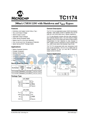 TC1174 datasheet - 300mA CMOS LDO with Shutdown and VREF Bypass