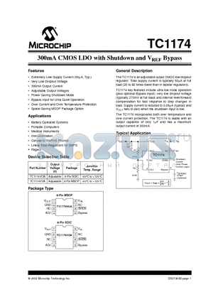 TC1174VOA datasheet - 300mA CMOS LDO with Shutdown and VREF Bypass