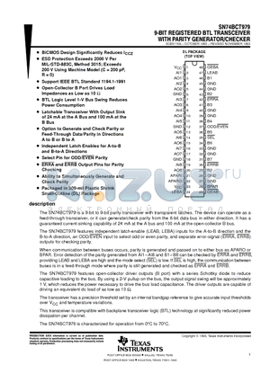 SN74BCT979 datasheet - 9-BIT REGISTERED BTL TRANSCEIVER WITH PARITY GENERATOR/CHECKER