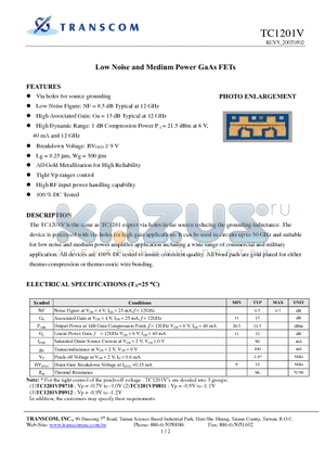 TC1201V datasheet - Low Noise and Medium Power GaAs FETs