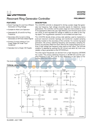 UCC3752 datasheet - Resonant Ring Generator Controller