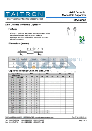 TMA datasheet - Axial Ceramic Monolithic Capacitor