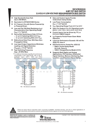 SN74CB3Q3245GQNR datasheet - 8 BIT FET BUS SWITCH 2.5-V/3.3V LOW VOLTAGE HIGH BAND WIDTH BUS SWITCH