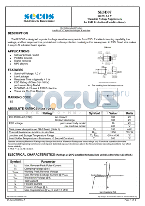 SESD07 datasheet - Transient Voltage Suppressors for ESD Protection