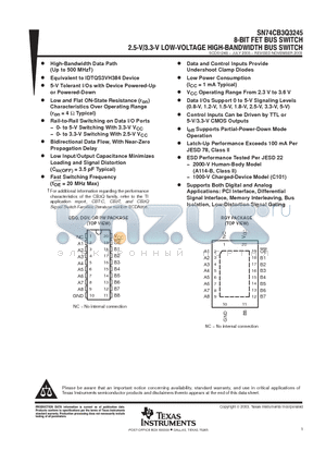 SN74CB3Q3245PW datasheet - 8 BIT FET BUS SWITCH 2.5-V/3.3V LOW VOLTAGE HIGH BAND WIDTH BUS SWITCH
