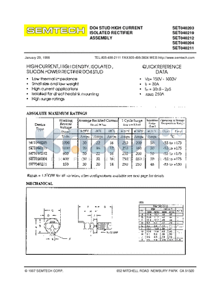 SET040219 datasheet - DO4 STUD HIGH CURRENT ISOLATED RECTIFIER ASSEMBLY