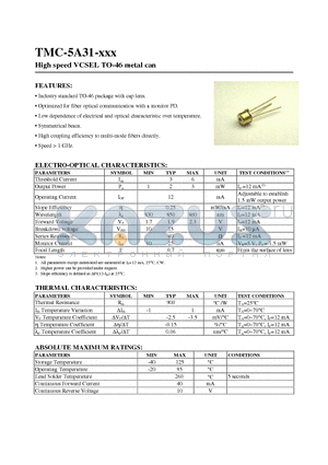 TMC-5A31 datasheet - High Speed VCSEL TO-46 metal can