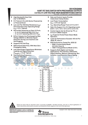 SN74CB3Q6800PWR datasheet - 10 BIT FET BUS SWITCH WITH PRECHAGED OUTPUTS 2.5V/3.3V LOW VOLTAGE HIGH BANDWIDTH BUS SWITCH