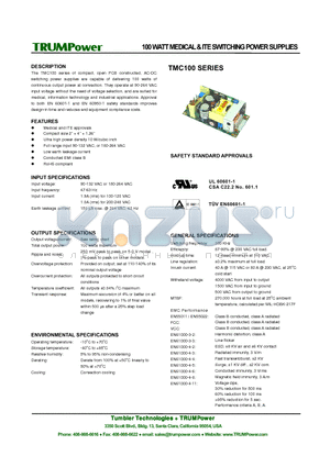 TMC100-S15 datasheet - 100 WATT MEDICAL & ITE SWITCHING POWER SUPPLIES