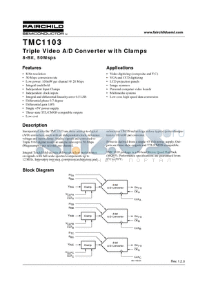 TMC1103 datasheet - Triple Video A/D Converter with Clamps 8-Bit, 50Msps
