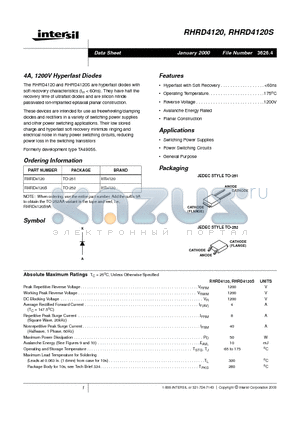 RHRD4120S datasheet - 4A, 1200V Hyperfast Diodes