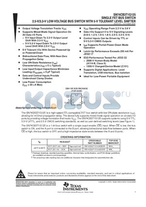 SN74CB3T1G125DBVR datasheet - SINGLE FET BUS SWITCH 2.5-V/3.3-V LOW-VOLTAGE BUS SWITCH WITH 5-V TOLERANT LEVEL SHIFTER