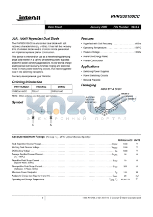 RHRG30100CC datasheet - 30A, 1000V Hyperfast Dual Diode