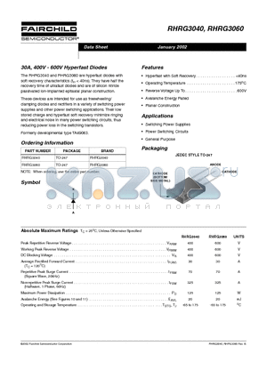 RHRG3060 datasheet - 30A, 400V - 600V Hyperfast Diodes