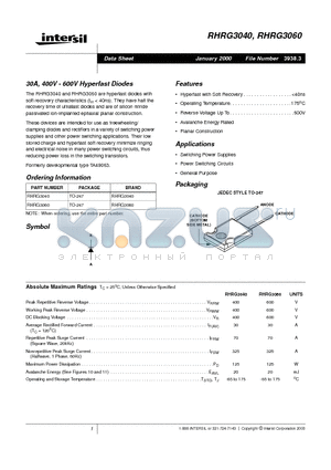 RHRG3060 datasheet - 30A, 400V - 600V Hyperfast Diodes