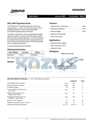 RHRG5060 datasheet - 50A, 600V Hyperfast Diode