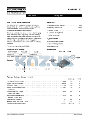 RHRG75120 datasheet - 75A, 1200V Hyperfast Diode