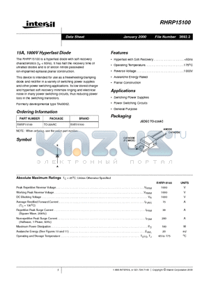 RHRP15100 datasheet - 15A, 1000V Hyperfast Diode