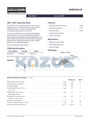 RHRP30120 datasheet - 30A, 1200V Hyperfast Diode